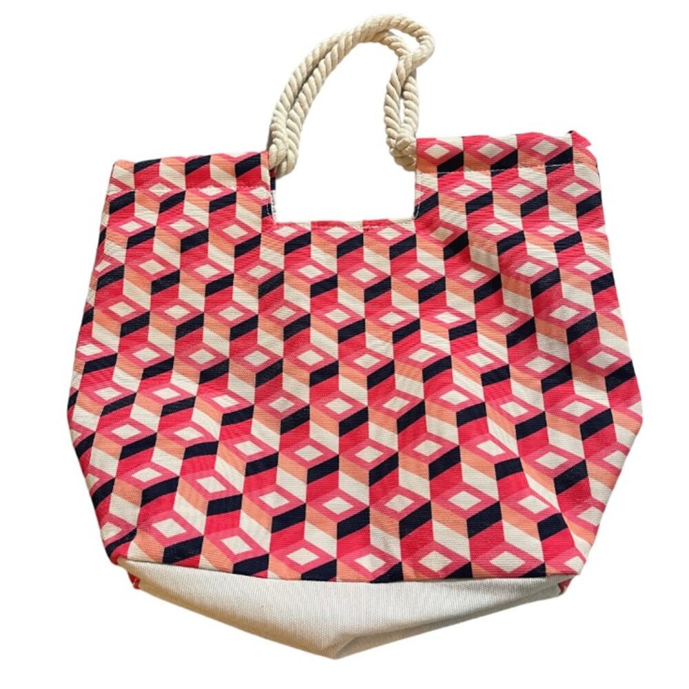 Macys Lancôme Canvas Abstract Pink Blue White Large Beach Tote Bag Rope Strap